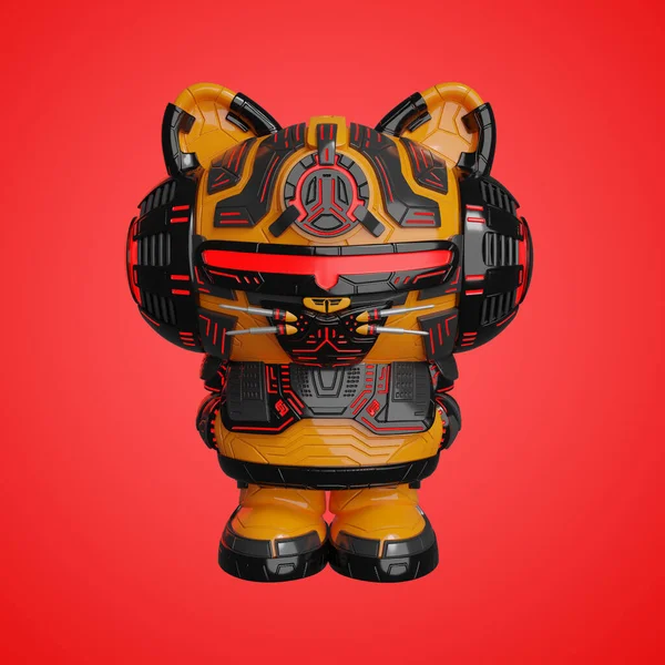 Cyber cat in an armored suit on a red background. Avatar. 3D illustration