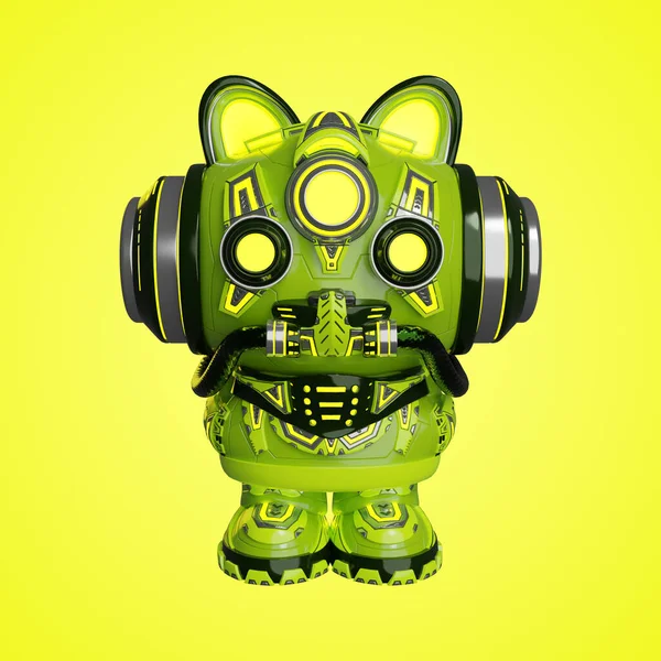 Cyber cat in a neon green armored suit on a yellow background. Avatar. 3D illustration