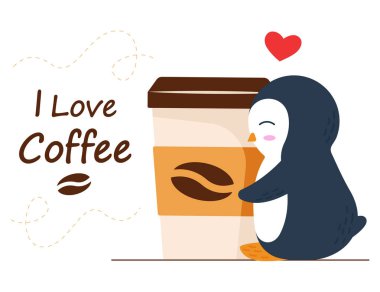Penguin hugs a cup of coffee, cartoon character. The inscription I love coffee. Vector illustration