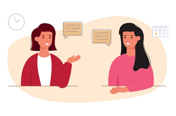 Two women are talking to each other. Female characters chat and discuss news. Friends conduct a dialogue about their affairs and hobbies. Speech bubble. Vector illustration