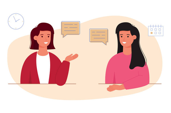 Two women are talking to each other. Female characters chat and discuss news. Friends conduct a dialogue about their affairs and hobbies. Speech bubble. Vector illustration