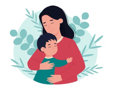 Anne oğluna sarılır. Karikatür stili, düz vektör illüstrasyon.