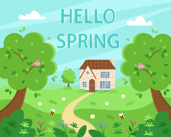 Spring village landscape with cute house and green meadow with flowers, birds and insects, summer or spring landscape. Vector illustration
