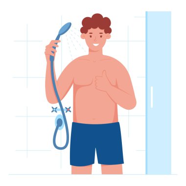 Adam banyoda duş alıyor. Mutlu adam kontrastlı duş alıyor. Birinin sağlığını sertleştirme yöntemleri. Banyo sabah hijyen prosedürü. Vektör illüstrasyonu