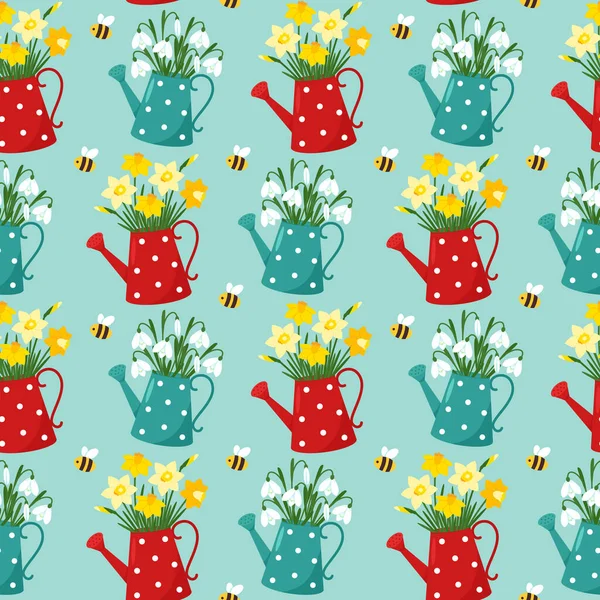 Cute Spring Flowers Watering Can Bouquet Yellow Daffodils Snowdrops Seamless — Stock vektor