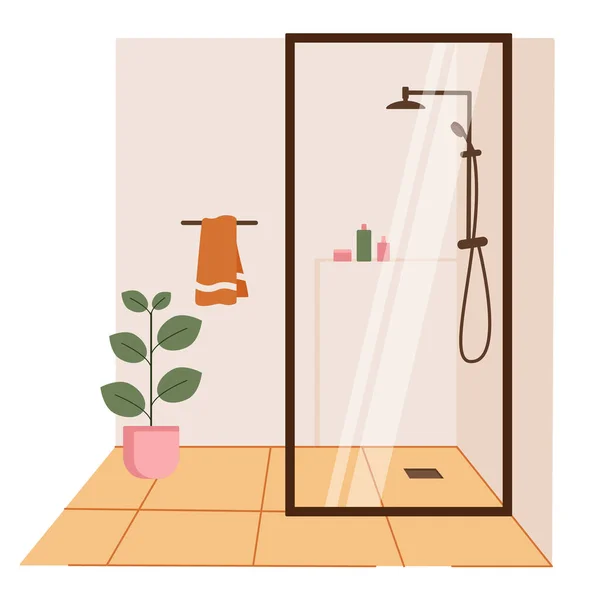 ガラスシャワーキャビン バスルームのインテリアデザイン バスキャビネット ハンガーのタオル 鍋の植物 平面漫画風のベクトルイラスト — ストックベクタ