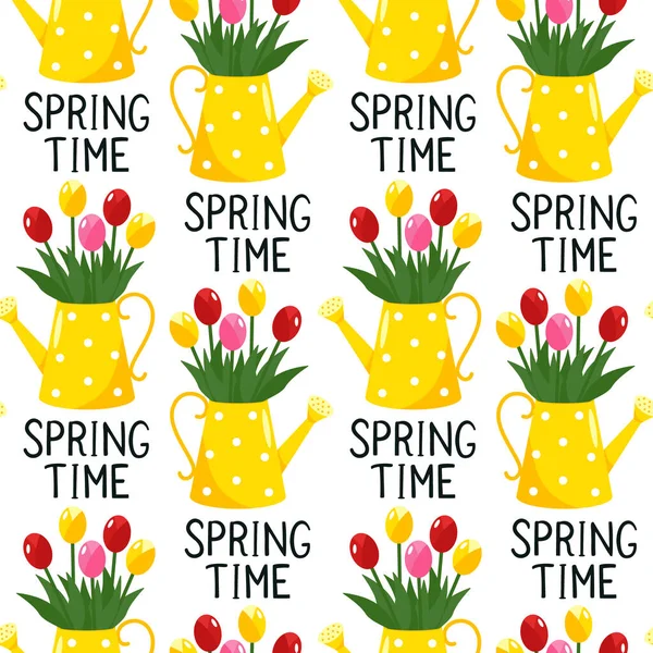 Cute spring flowers in a yellow watering can. A bouquet of tulips and the inscription spring time. Seamless pattern. Can be used to fill web page background, surface texture