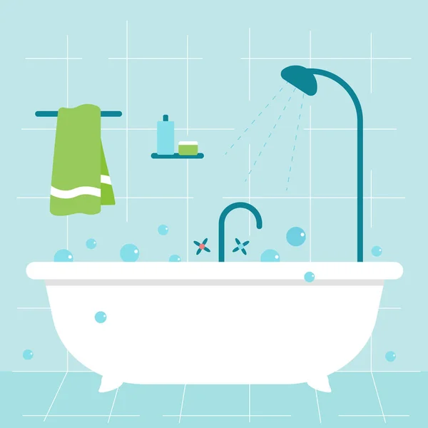 Interior Banheiro Banheira Chuveiro Toalha Cabide Produtos Higiene Ilustração Plana — Vetor de Stock