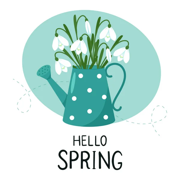 Schneeglöckchen Der Gießkanne Frühlingsstrauß Gartenillustration Vektor Illustration Für Postkarte — Stockvektor
