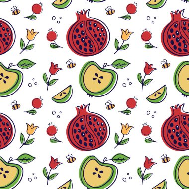 Nar meyvesi ve elma. Kusursuz desen. Web sayfası arkaplanı, tekstil, ambalaj kağıdı doldurmak için kullanılabilir. Vektör