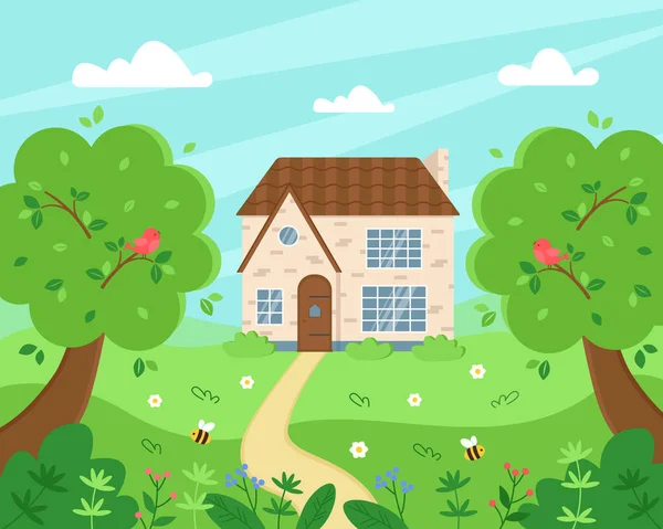 Spring Landscape Cute Brick House Green Meadow Flowers Birds Summer — Stock Vector