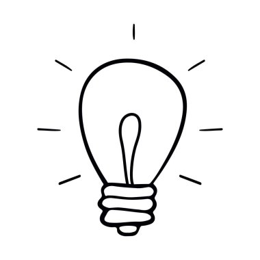 Karalama tarzında ışınları olan bir ampul. El çizimi stili. Yaratıcılığın, yeniliğin, ilhamın, icadın ve fikrin sembolü. Vektör illüstrasyonu