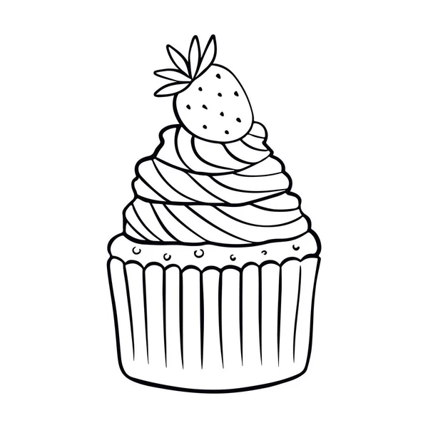 Cupcake Con Fresas Estilo Garabato Dibujo Mano Torta Diseño Para — Vector de stock