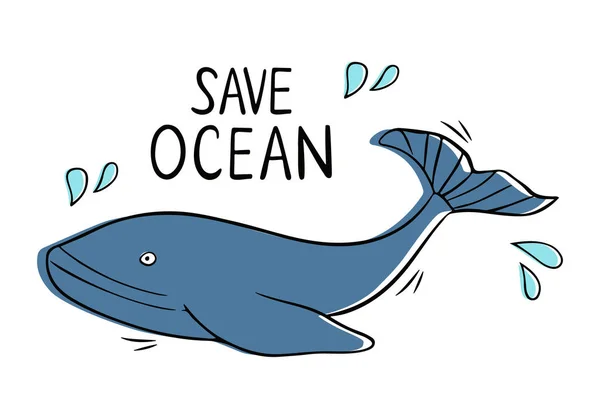 Ocean Blue Whale Swims Clear Ocean Design Poster Banner Sticker — Stock Vector