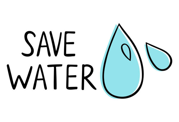 Сохранить воду, написание в стиле каракулей. Капли воды и жидкости. Векторный дизайн