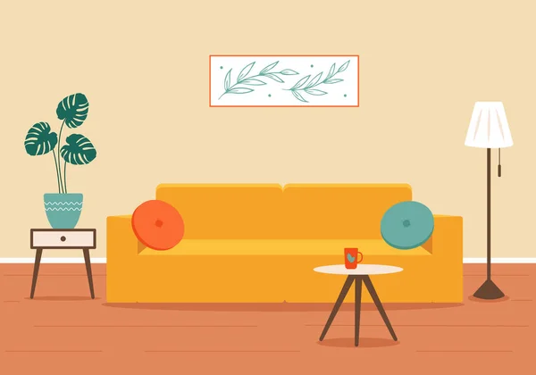 リビングルームのインテリア ソファ ベッドサイドテーブル 床ランプ 屋内植物と居心地の良い部屋のデザイン ベクターイラスト — ストックベクタ