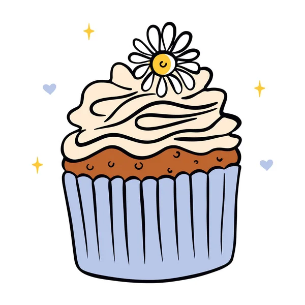 かわいいカップケーキに花が飾られています ケーキハンドドロー 任意の目的のためのデザイン ベクトル — ストックベクタ