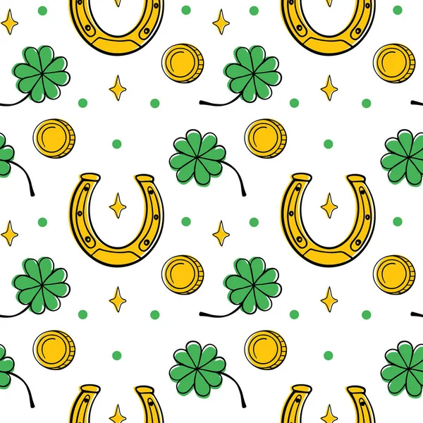 Seamless Pattern Clovers Gold Coins Horseshoe Pattern Perfect Patrick Day — Stock Vector