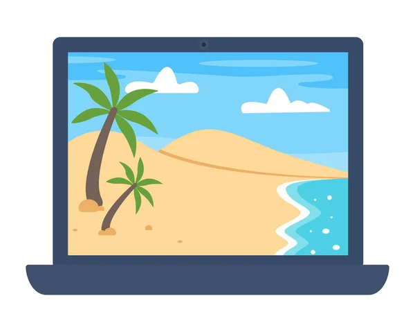 Laptop Letnią Plażą Ekranie Ilustracja Wektora — Wektor stockowy