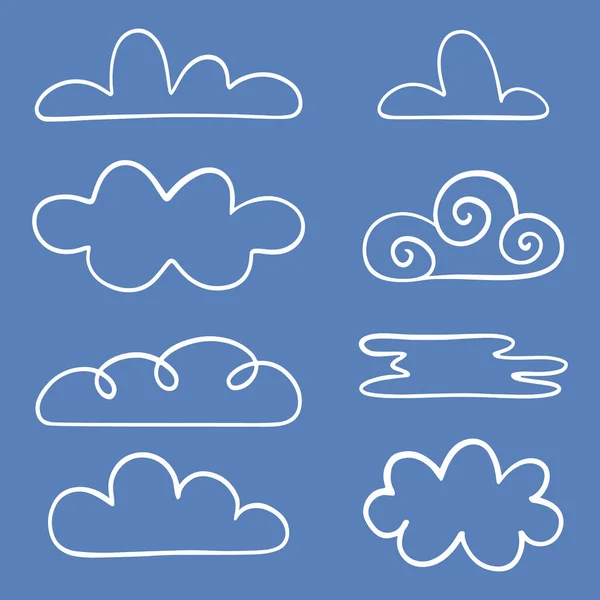 涂鸦风格的云彩 云和气象学概念 在白色背景上孤立的不同云团的集合 矢量说明 — 图库矢量图片
