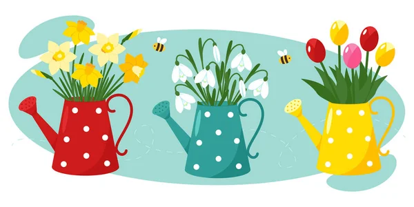Коллекция Весенних Цветов Банке Полива Нарциссы Тюльпаны Первоцветы Садовая Иллюстрация — стоковый вектор