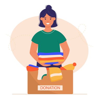 Kadın kıyafetlerini karton bir kutuya koyar. Kıyafet bağışı konsepti. Sosyal yardım, gönüllülük. Vektör illüstrasyonu