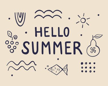 Merhaba yaz, modern yaz arkaplanı ve meyve, balık ve soyut şekilli pankart tasarımı