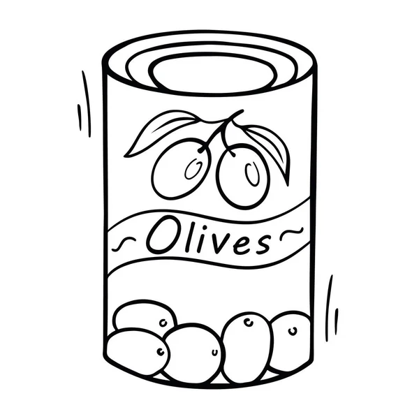 Olives Conserve Boîte Conserve Illustration Produit Alimentaire Olives Dans Style — Image vectorielle