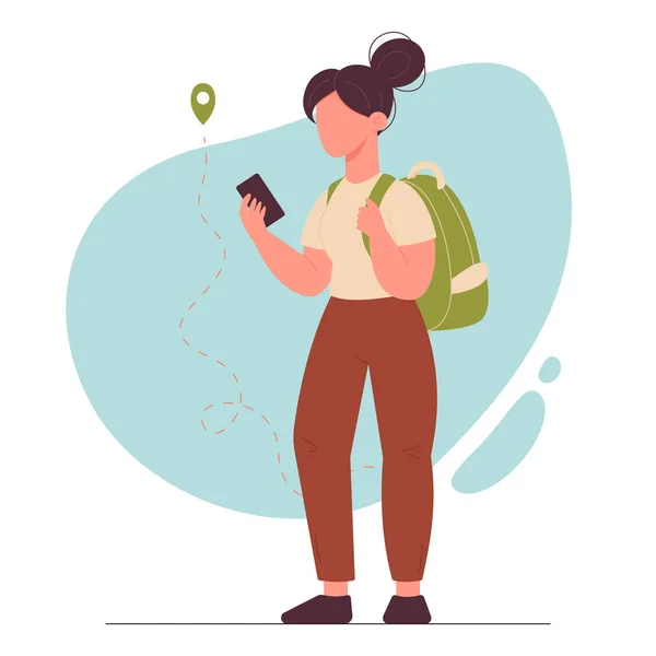 Chica Con Una Mochila Teléfono Móvil Está Planeando Viaje Concepto — Archivo Imágenes Vectoriales