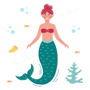 Balık, deniz kabuğu ve deniz bitkisi olan şirin bir deniz kızı. Çocuklar için vektör illüstrasyonu, tebrik kartları
