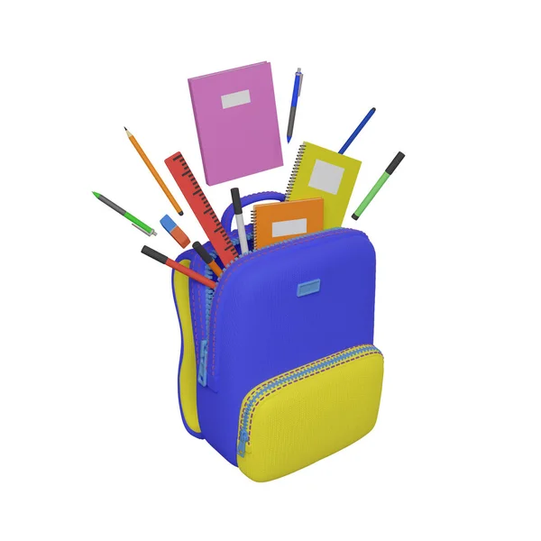 3D学校背包和学习用品 笔记本 3D渲染 — 图库照片
