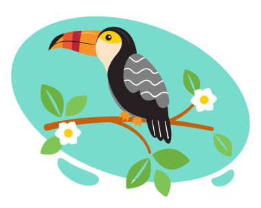 Tukan, tropik çiçekleri ve orman yaprakları olan egzotik bir kuştur. Sevimli çizgi film kuşu. Vektör illüstrasyonu