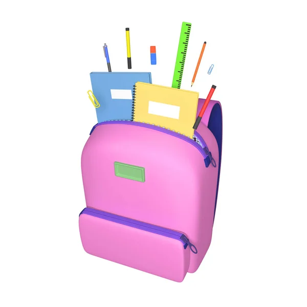 粉红学校背包和学习用品 笔记本和尺子 3D渲染 — 图库照片