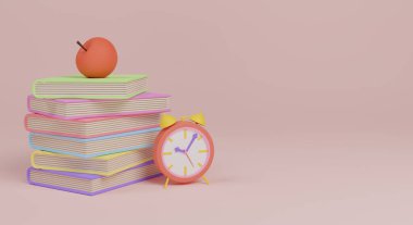 Kitaplar, çalar saat ve elma, beyaza izole edilmiş. Yazı için yeri olan bir web pankartı. 3d oluşturma