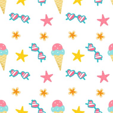 Dondurmalı ve güneş gözlüklü hoş bir yaz deseni. Dokular, duvar kağıtları, ambalajlar, hatıra defterleri için en iyisi. Vektör illüstrasyonu