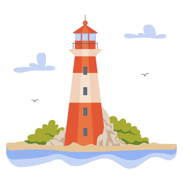 岛上有灯塔的卡通海景 以大海中岩石海岸上的灯塔为例 矢量说明 — 图库矢量图片#