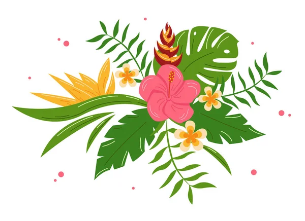 Bouquet Hawaïen Pour Carte Vœux Mariage Fleurs Tropicales Feuilles Palmier — Image vectorielle