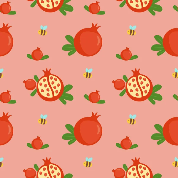 Pomegranate Seamless Pattern Ripe Pomegranate Fruits Leaves Pink Background Can — Stock Vector