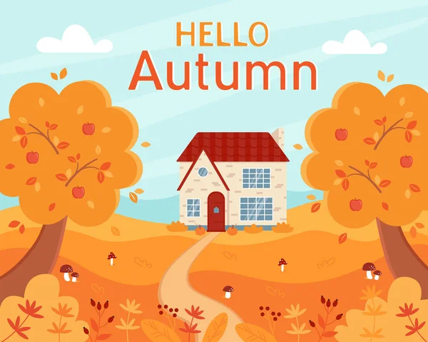 Autumn landscape with house and trees, nature in orange and yellow leaves. Autumn season with a beautiful panoramic view. Hello autumn. Vector illustration