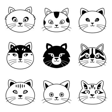 Kedilerin sevimli yüzleri. Basit doğrusal tarzda farklı kedi koleksiyonu. Vektör illüstrasyonu