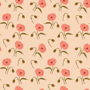 Kırmızı gelincikler. Çiçekli, kusursuz çiçek deseni. Tekstil, kumaş ve ambalaj kağıdı baskısı için yaz vektör ilüstrasyonu