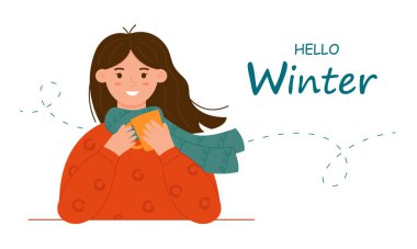 Eşarplı gülümseyen kız elinde sıcak bir içecekle bir fincan tutuyor. Merhaba kış. Vektör illüstrasyonu
