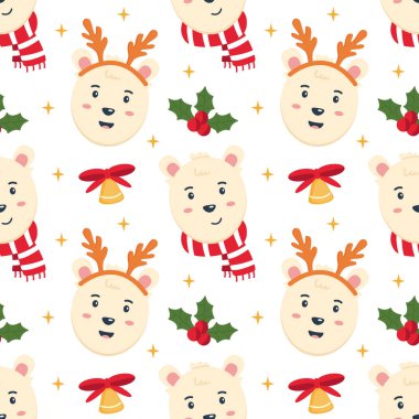 Kış kıyafetleri içinde şirin kutup ayıları olan kusursuz bir Noel deseni. Web sayfası arkaplanı, tekstil, ambalaj kağıdı doldurmak için kullanılabilir. Vektör illüstrasyonu