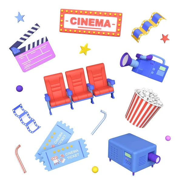 3d cinema movie concept with popcorn, camera, tickets and other elements in cartoon style. 3d rendering