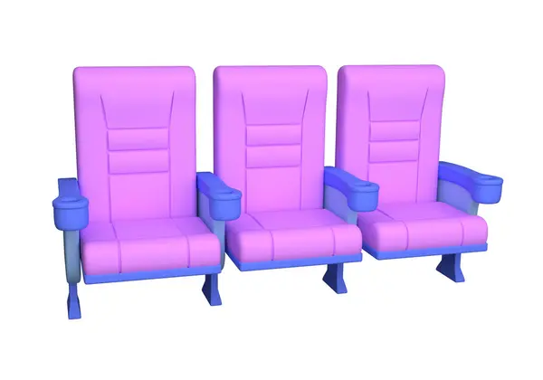 Three pink cinema chairs on a white background. Concept of entertainment. 3d rendering