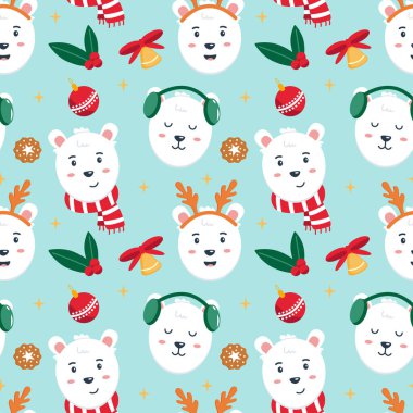 Noel aksesuarları içinde kutup ayıları olan şirin, pürüzsüz bir Noel deseni. Web sayfası arkaplanı, tekstil, ambalaj kağıdı doldurmak için kullanılabilir. Vektör