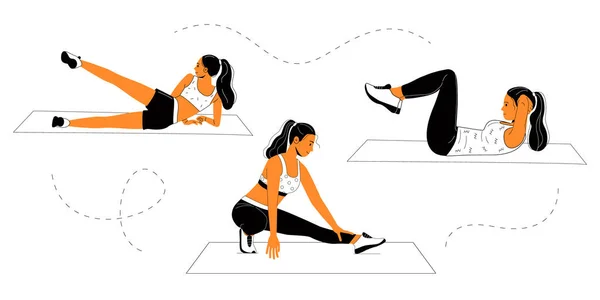 Kızlar için egzersiz seti. İnsanlar egzersiz yapar ve yoga yapar. Tüm vücut egzersizi. Antrenman koleksiyonu. Asgari biçimdeki vektör illüstrasyonu