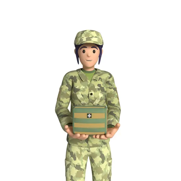 Woman medic in a military uniform with a first-aid kit. 3d rendering