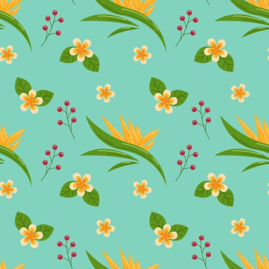 Mavi arka planda tropik çiçekler ve yapraklar. Kusursuz desen. Duvar kağıdı, şablon dolguları, web sayfası arkaplanı, yüzey dokuları için kullanılabilir