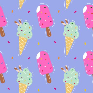 Mavi arka planda farklı malzemeli dondurma. Kusursuz desen. Web sayfası arkaplan dolgusu, yüzey dokusu için kullanılabilir